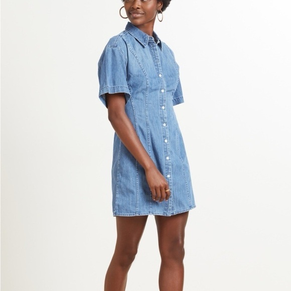 Frame Seam Detail Denim Mini Dress in Shoreline Wash - Picture 2 of 14